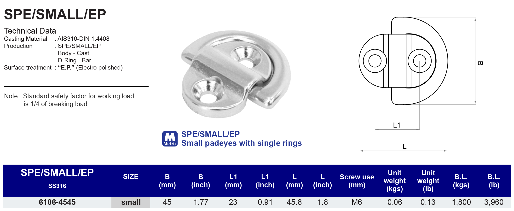 SPE/SMALL/EP  Small padeye with single rings -316 (CLEARANCE SALE)